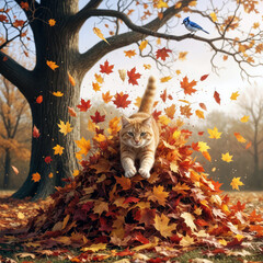 An orange cat joyfully leaps out of a vibrant pile of autumn leaves, its playful spirit capturing the essence of the season, while a blue jay watches from above 