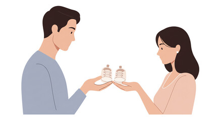 Fototapeta premium Couple holding tiny baby shoes while looking at each other 