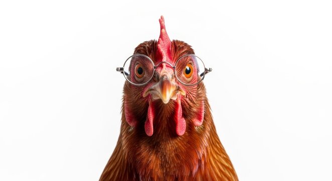 chicken wearing glasses, spectacles eyewear, on a solid white background