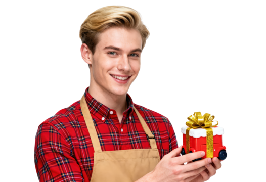 Smiling Young Man Holding Christmas Present, White Background