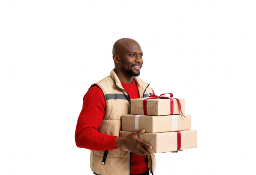 Happy African American Delivery Man Carrying Christmas Packages on White