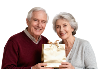 Smiling Senior Couple Holding Christmas Gift Bag, Isolated