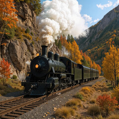 An enchanting journey of a vintage steam locomotive as it majestically traverses an autumn-kissed mountain valley, where the vibrant foliage paints a breathtaking landscape