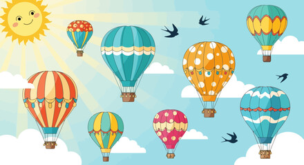 Colorful cartoon hot air balloons floating in a sunny sky with clouds and birds.