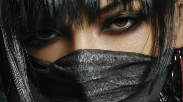 Cyborg assassin character with striking features and dynamic expression in futuristic urban setting