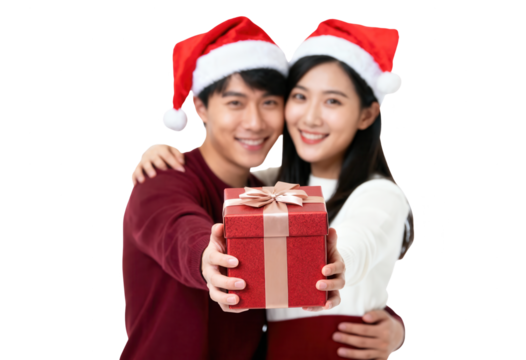 Happy Asian Couple Holding Christmas Gift on White - Powered by Adobe