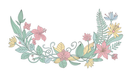 Obraz premium Pastel floral arrangement with pink, yellow, and blue flowers and green leaves.