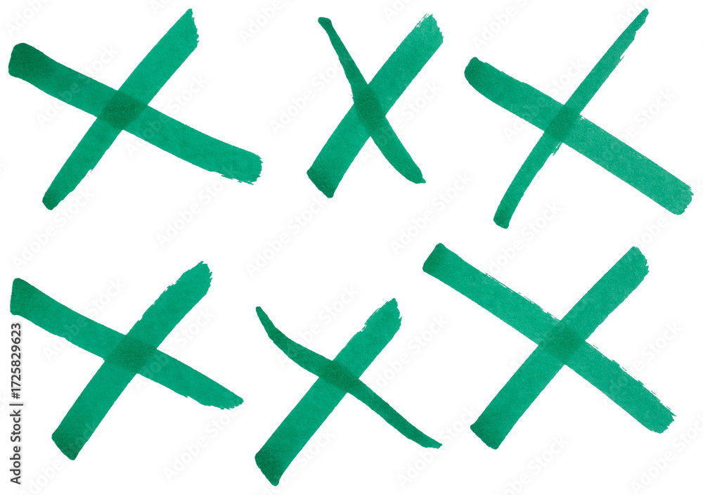 Poster hand drawn green cross marks set with marker brush strokes, abstract ink x symbols collection for wr