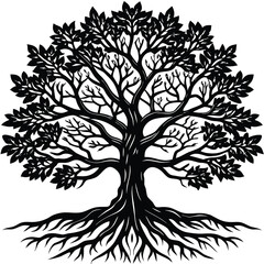 Obraz premium Detailed illustration of an ancient oak tree with its root system exposed presented in a striking black and white graphic style