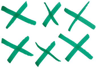 Obraz premium Hand drawn green cross marks set with marker brush strokes, abstract ink X symbols collection for wrong choice, error, cancel, rejection, doodle sketch isolated simple signs on transparent background