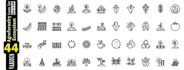 Obraz premium Agroforestry Ecosystem Icon Set. Editable Line art Icons. 44 Vector Graphics agroforestry, ecosystem, trees, plants, banana, corn, wheat, illustration. 