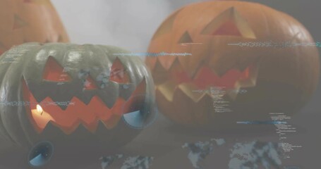 Glitching initiating code, globe pulsing over green pumpkin, lifting lid releasing smoke