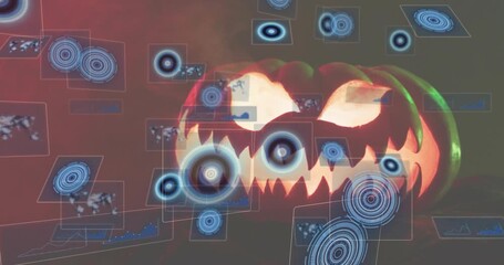 Glowing jack-o-lantern sending scan pulses while summoning floating holographic panels and targets - Powered by Adobe