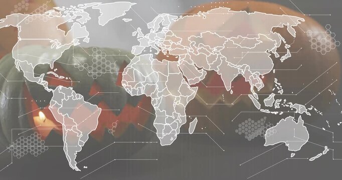 Map overlay emerging drawing borders and hex nodes showing data flow while pumpkin flame flickering