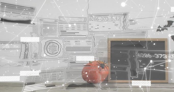 Floating white data bars starting glitching overlay around chalkboard and tomato for analytics