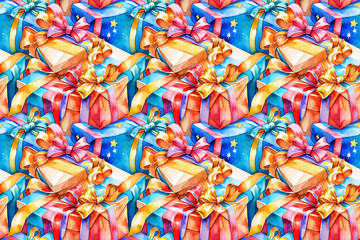 A whimsical watercolor seamless pattern featuring playful, colorful Christmas gift boxes in a pop-art style. Perfect for holiday packaging and textiles.