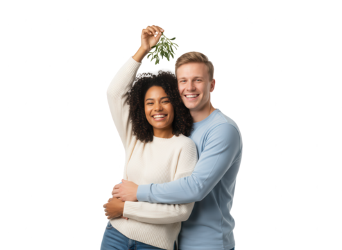 Young Couple Under Mistletoe, Celebrating Christmas, Isolated on White