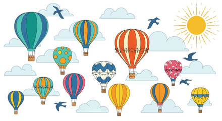 A vibrant illustration of numerous colorful hot air balloons floating gracefully across a bright, cloudy sky with birds and a shining sun.