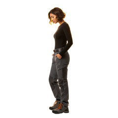 Fototapeta premium Woman in outdoor apparel standing thoughtfully with isolated transparent space
