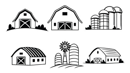 Fototapeta premium Barns and Silos windmill farm Black and White Line Art Icons set. These vector pictograms of a windmill, farm, agriculture, rural, countryside, building, structure, line art, vector, illustration. 