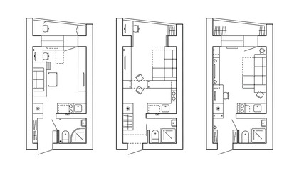 Architectural plan of a house. Layout of the apartment with the furniture in the drawing view. With kitchen and bathroom, living room and bedroom