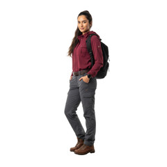 Confident young woman ready for outdoor adventures in casual attire with backpack stands gracefully