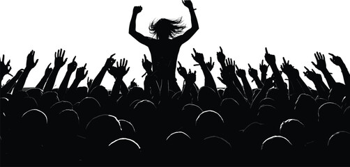 Silhouette crowd at concert, raised hands, music fans cheering, energetic atmosphere, live event, celebration, youth culture, black and white vector