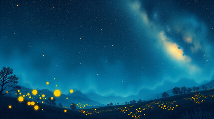 Fototapeta premium Enchanting Nighttime Landscape with Fireflies and Starry Sky