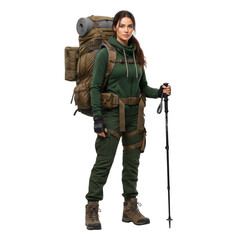 Adventurous female explorer ready for the trail with her trekking poles and backpack against a