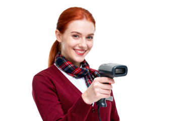 Smiling Redhead Woman Scanning with Barcode Scanner on White