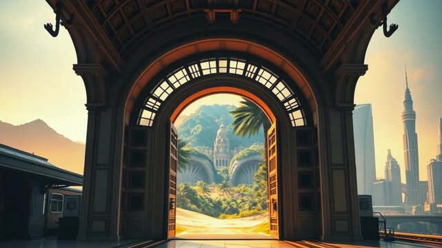 Majestic Interdimensional Train Station with Gateway to Parallel Worlds