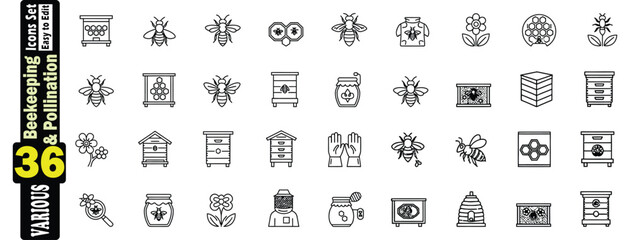 Beekeeping and Pollination Icons Set. Bees and Honeycomb Elements hive, honey, apiary, insect, nature, agriculture, farming, organic, sweet, food, drink, collection, set, icons, symbols, illustration.