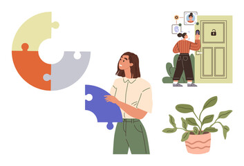 Woman holds puzzle piece near large puzzle another explores profile icons by locked door. Nearby plant signifies growth. Ideal for teamwork, security, creativity, individuality, problem solving