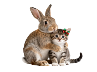 Rabbit Hugging Kitten with Bow on White Background