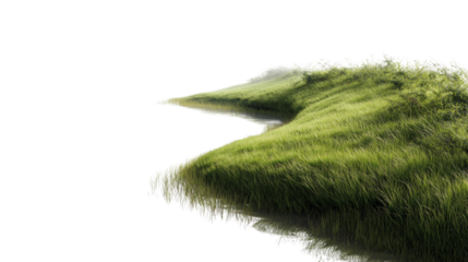 Serene waterway winding through verdant grassland against a luminous isolated backdrop