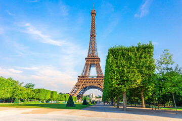 Symbol of Paris, beautiful Eiffel Tower from Field of Mars, France