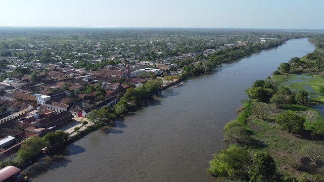 Aerial view of the magdalena river near historic city of Santa Cruz de Mompox in sunlight in Colombia, a World Heritage Site