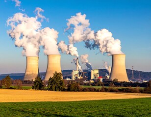 Three large industrial cooling towers emit plumes of white smoke against a clear blue sky, set in a rural landscape