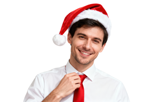 Smiling Businessman in Santa Hat Adjusting Tie, Isolated on White Background
