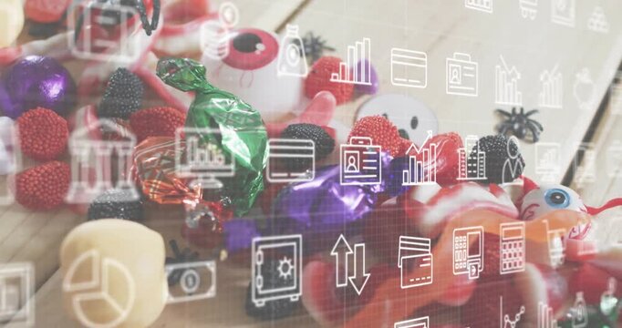 Chart icons fading in, shifting above candy pile sparking overlay formation for financial overview