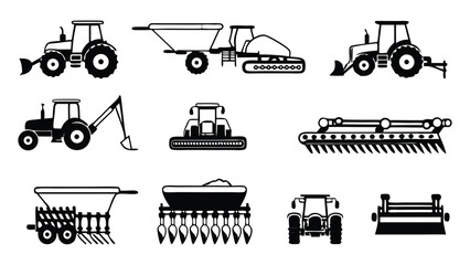 Obraz premium Tractors and Farming Machinery for Field Work Black Silhouettes. Including tractor, farm, agriculture, machinery, farming vector illustration. 