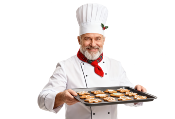 Happy Chef Holding Tray of Gingerbread Cookies