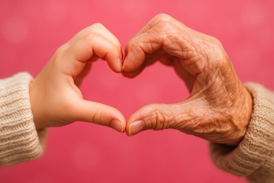 Generational love heart hands connection between child and elderly on pink background