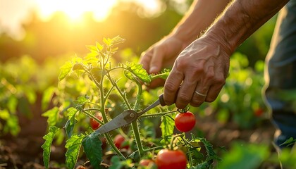 Gardener trimming tomato plant