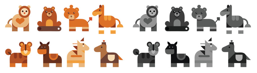 Fototapeta premium Collection of Stylized Wooden Animal Figures in Two Color Palettes. cartoon, form, lion, bear, horse, giraffe, tiger, unicorn, illustration. 