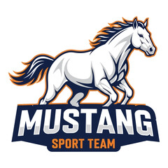 Dynamic white mustang horse emblem for sport team logo and branding
