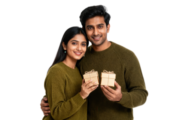 Happy Indian Couple Holding Gifts on White Background