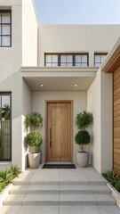 Contemporary House Entrance With Wooden Front Door And Potted Plants In Minimal Modern Design