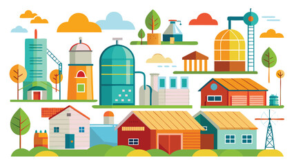Colorful Flat Design Rural Landscape With Buildings, Farms, greenhouse, category, miscellaneous, sky, design, factory, illustration. 