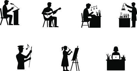 Creative profession silhouettes, artists, musicians, scientists, writers, students, working people icons, black and white graphic vector set